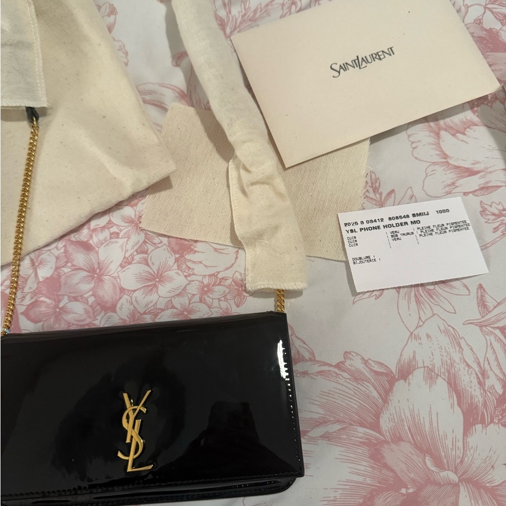 Saint Laurent Black Patent Leather Clutch with Gold Accents Brand New
